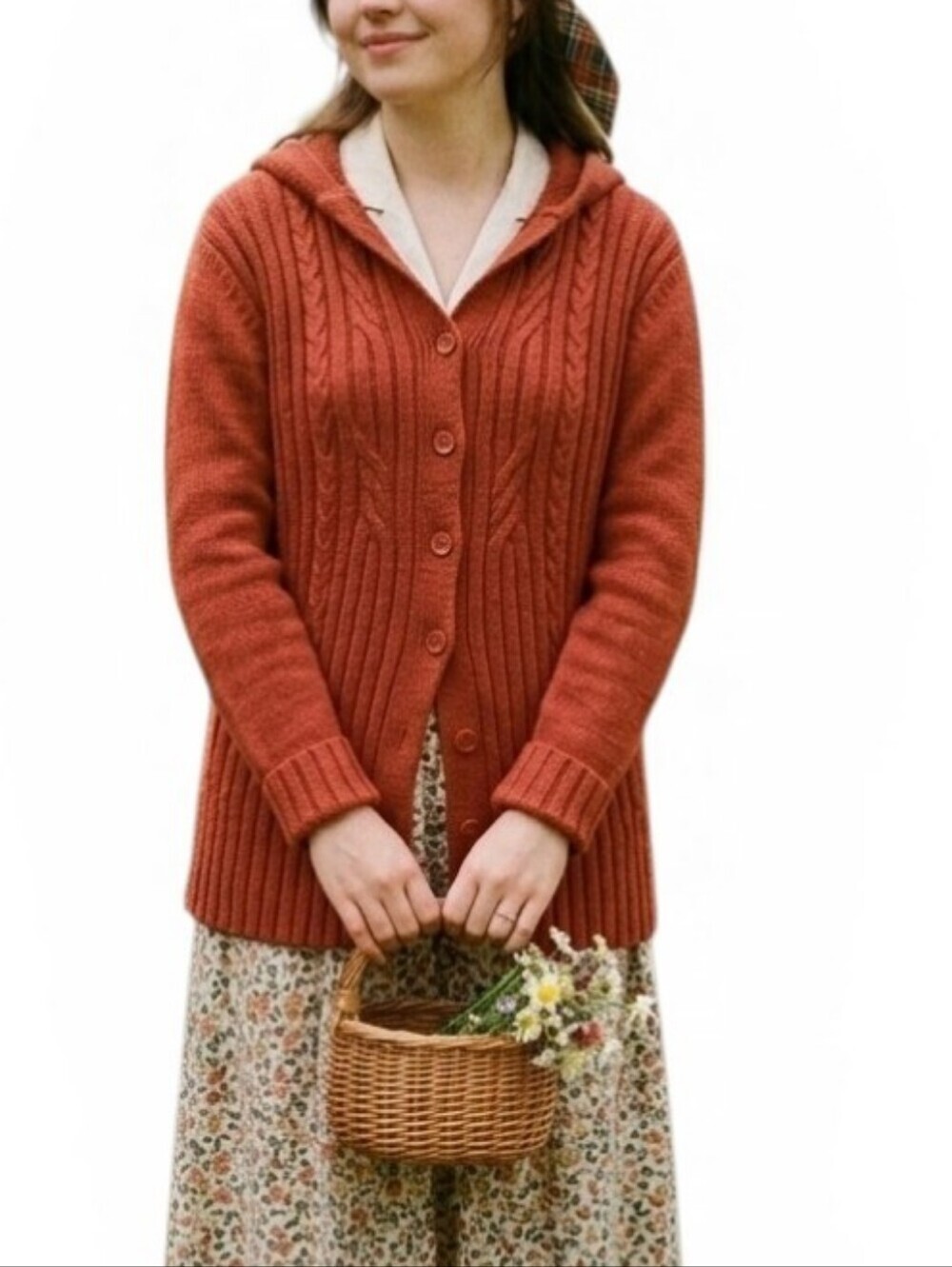 Vintage Style Terracotta Orange Knit Hooded Cardigan Sweater Cottagecore Boho M